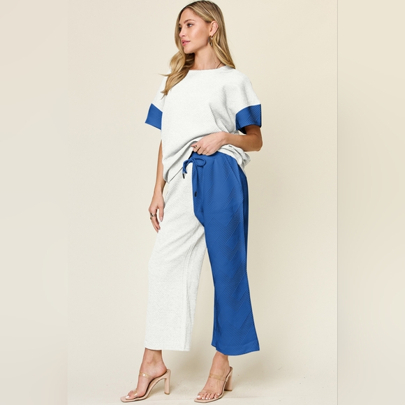 Double Take Full Size Texture Contrast Top and Wide Leg Pants Set - Picture 2 of 6